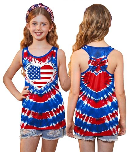 Image of 4th of July Girls Flag Tank Top Back Bow Sleeveless Patriotic Holidays T-Shirt 4-14 Years