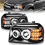 AmeriLite for Nissan Frontier D22 Black LED Turn Signal Xtreme Bright Halos Projector Replacement Headlights Set - Passenger and Driver Side