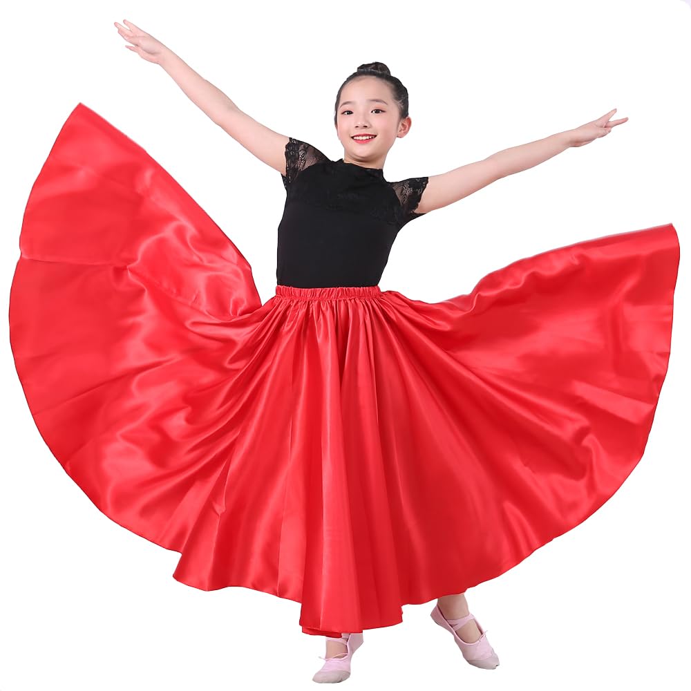 VNOEVWGirls Satin Full Long Skirt for Circle Belly Dance Folkloric Mexican Performance Prom Photoshoot