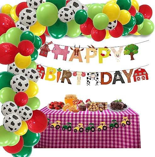 Farm Birthday Party Supplies Farm Barnyard Animals Party Decorations Farm Happy Birthday Banner Tractor Garland, Farm Balloon Garland Kit for Farm Theme Party, Barnyard Animals Birthday Party Green Tractor Party Supplies