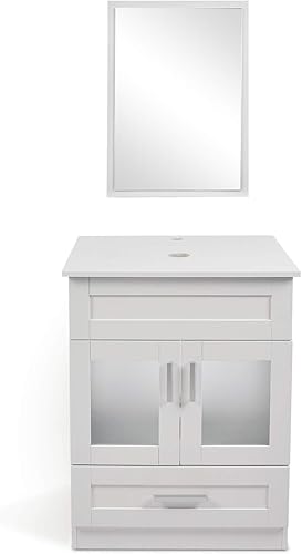 Puluomis Moderno tocador de baño de 24 pulgadas con espejo para suelo, armario de almacenamiento color blanco