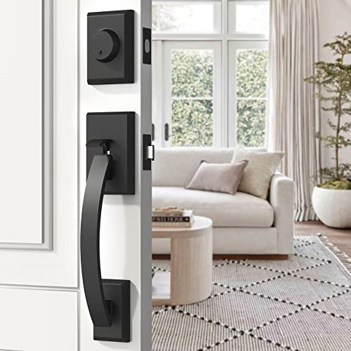 Natsukage Front Door Handle Set Heavy Duty Entry Door Lock Set Entrance Handle Set, Single Cylinder Deadbolt Lever Handle, Reversible Right & Left Handed Doors, Matte Black (A5253 (Keyed Handleset))