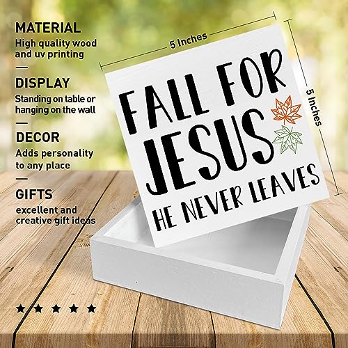 Image of Fall Table Wooden Box Sign Decor, Fall for Jesus He Never Leaves, Autumn Christian Table Decorations for Home Office Harvest Thanksgiving Desk Decor