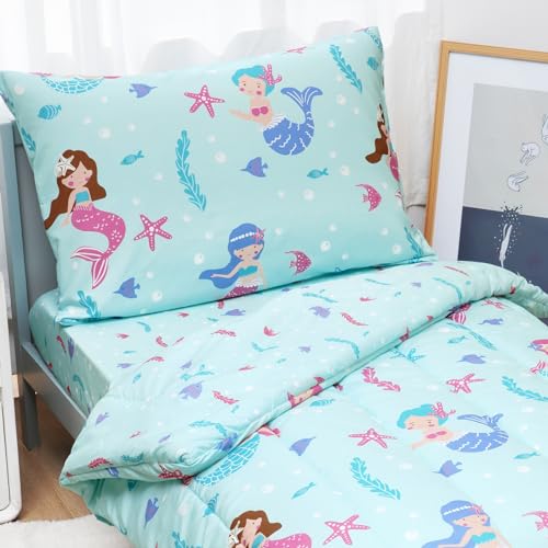 Image of david's kids 4 Piece Toddler Bedding Set - Soft Breathable Toddler Bedding Set for Boys Girls, Includes Quilted Comforter, Flat Sheet, Fitted Sheet and Pillowcase, Mermaid