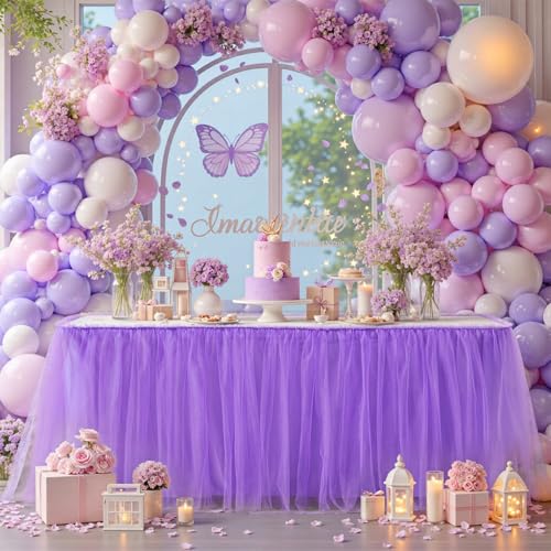 PARTISKY 9FT Length Purple Tulle Table Skirt for Rectangle Tables 2-Layer Ruffle Tulle Tutu Cloth Desk Table Skirt for Baby Shower Girl Birthday Party Wedding Cake Dessert Decorations