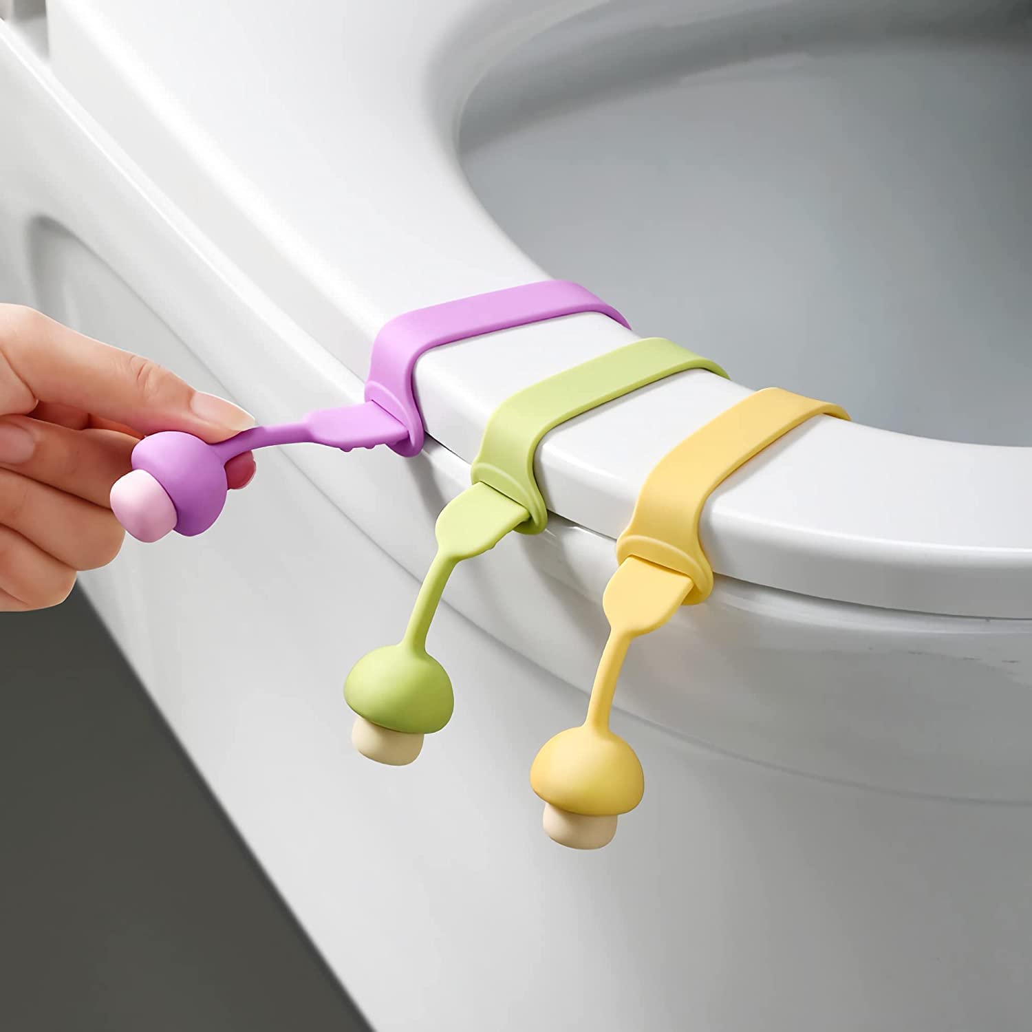 3pc Reusable & Washable Silicone Toilet Lifter Band, Avoid Touching Toilet Seat Cover with Mushroom Shaped Toilet Seat Lifter (Multicolor)-image-20