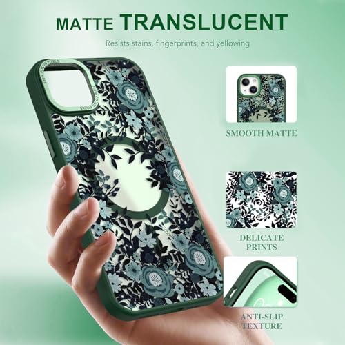 Image of Magnetic for iPhone 15 Plus Case with for Women, Green Flower | Pretty Floral Pattern Design [Compatible with MagSafe] Shockproof Slim Translucent Matte Non-Slip Protective Cover