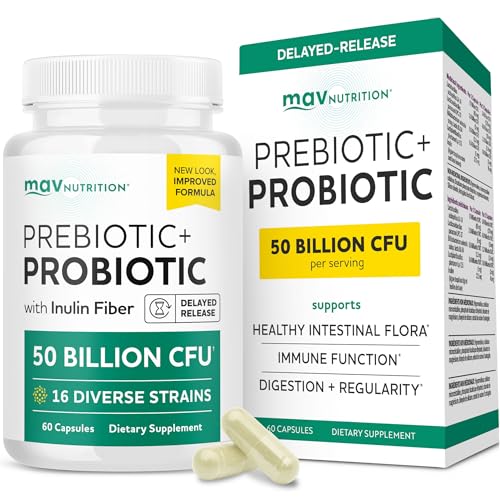 Prebiotics and Probiotics | 50 Billion CFU, 16 Probiotic Strains & Inulin Prebiotic Fiber | Delayed Release Capsules | Gut Health Support | Prebiotics and Probiotics for Women & Men | Non-GMO | 60 Ct