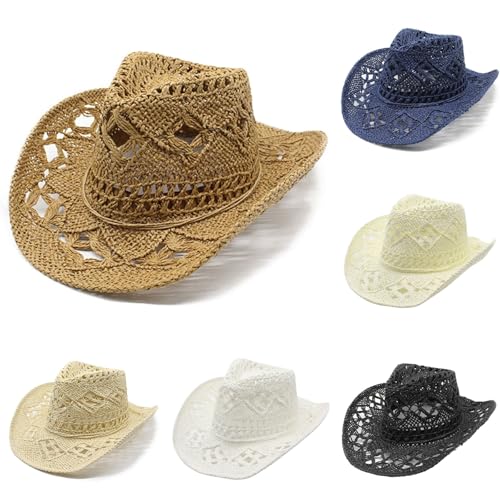 Womens Straw Cowboy Hats Western Cowgirl Hat for Holiday Foldable Vacation Summer Beach Sun Hat with Wide Brim Khaki