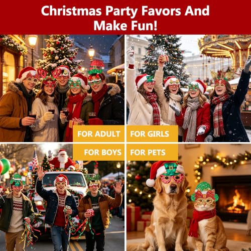 Image of fiintrwa Christmas Headband Beads Necklace Hair Hoop Eyewear Eyeglass Santa Hat Photo Props for Xmas Party Decoration Supplie