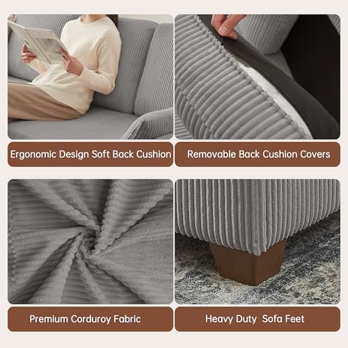Image of Convertible Sectional Sofa with Storage Ottomans & Coffee Table, Modern Corduroy Fabric, U-Shaped Couch with Dual Ottomans Chaise & Long Bench, Sofa Set Couches for Living Room, Light Grey