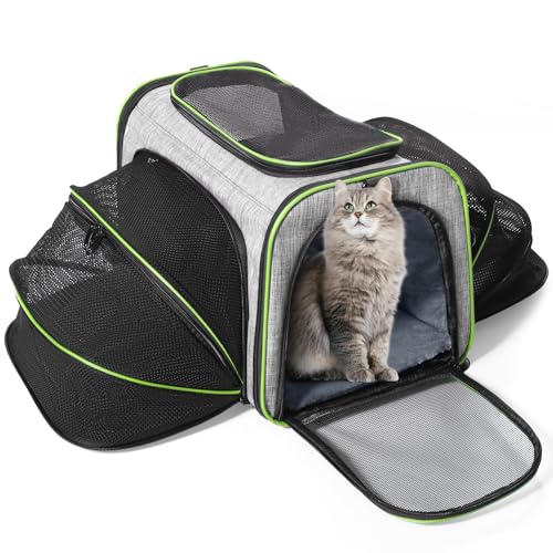 Siivton 2 Sides Expandable Pet Carrier, Airline Approved Soft-Sided Dog Cat Carrier Bag with Fleece Pad for Cats, Puppy and Small Animals (2 Extension Gray_Green, L:17.5" L x 11.0" W x 11.0" H)
