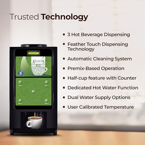 Image of ATLANTIS Neo 3-Lane Premix Based Tea & Coffee Vending Machine | Dedicated Hot Water Option| For Shops, Offices, Hotels & Restaurants