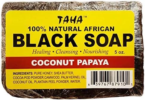 TAHA 100% Natural African Black Soap - Coconut Papaya – 5 oz Pack of 4 – Raw Organic Soap for Blemishes, Acne, Dry Scalp – Rich in Vitamins & Antioxidants – Cleanse, Exfoliate & Moisturize