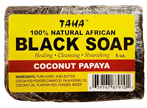 TAHA 100% Natural African Black Soap - Coconut Papaya â€“ 5 oz Pack of 4 â€“ Raw Organic Soap for Blemishes, Acne, Dry Scalp â€“ Rich in Vitamins & Antioxidants â€“ Cleanse, Exfoliate & Moisturize