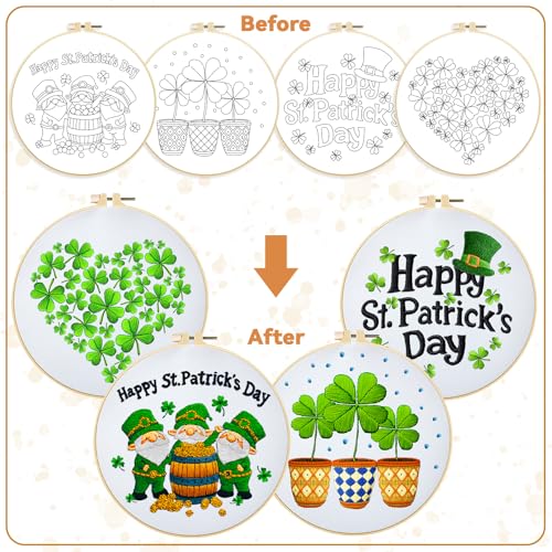 Image of BEUNITONE 4 Set Lucky Clover Pattern Embroidery Kit for Adult Beginners | DIY Complete Needlepoint Kits for Adults, Cross Stitch Starter Kit with Hoops, Handmade Gifts for Fabric Home Decor 20x20cm