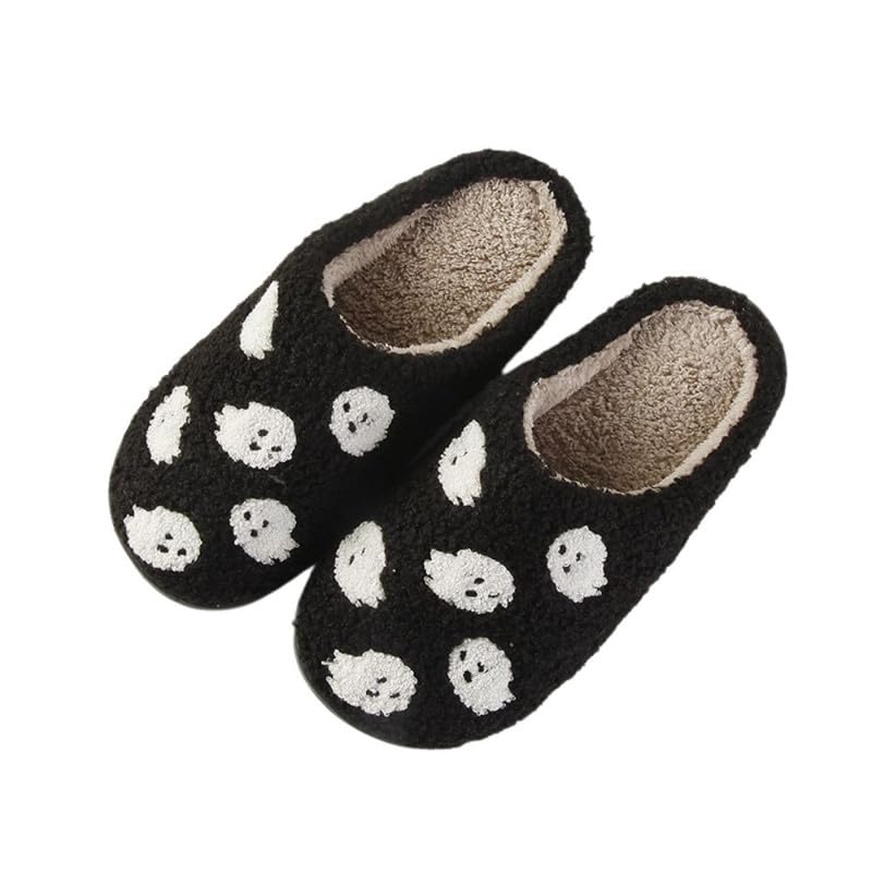 Ghost Black Fuzzy Slippers Women Halloween Slippers Indoor Bedroom Winter House Slippers Soft Plush Fluffy Slippers