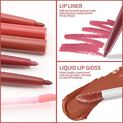 Boobeen Matte Lip Liner Pencil And Liquid Lipstick Set, Nude Dark Red Lip Makeup Long Lasting Waterproof Lipliner Pens & Plumper Lipgloss Velvet Lip Glaze Set Gift For Women And Girls #TOP2