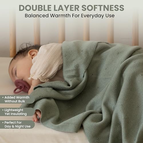 Image of Pointelle Double Layer 100% Tencel Baby Blanket - Breathable Temperature Regulating - Oeko-TEX Certified - 30x40 inch - Gift Box with Ribbon (Green)