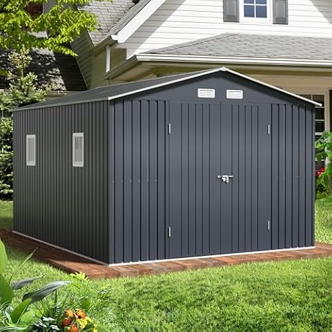 Outdoor Storage Shed 10 x 12 ft. Utility Tool Shed Metal Storage Garden Shed with Lockable Doors & Windows for Patio Storage, Midnight Blue Cover