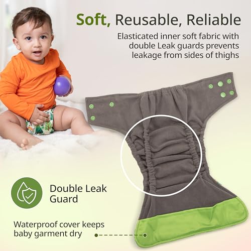 Image of LuvLap Reusable Baby Cloth Diapers Combo Pack of 6 (3 Shell + 3 Pads) Double Leak Guard, High Absorption, Stain-Proof Comfort & Protection, 3m+, Rash Free, Adjustable Waist & Height with Snap Buttons