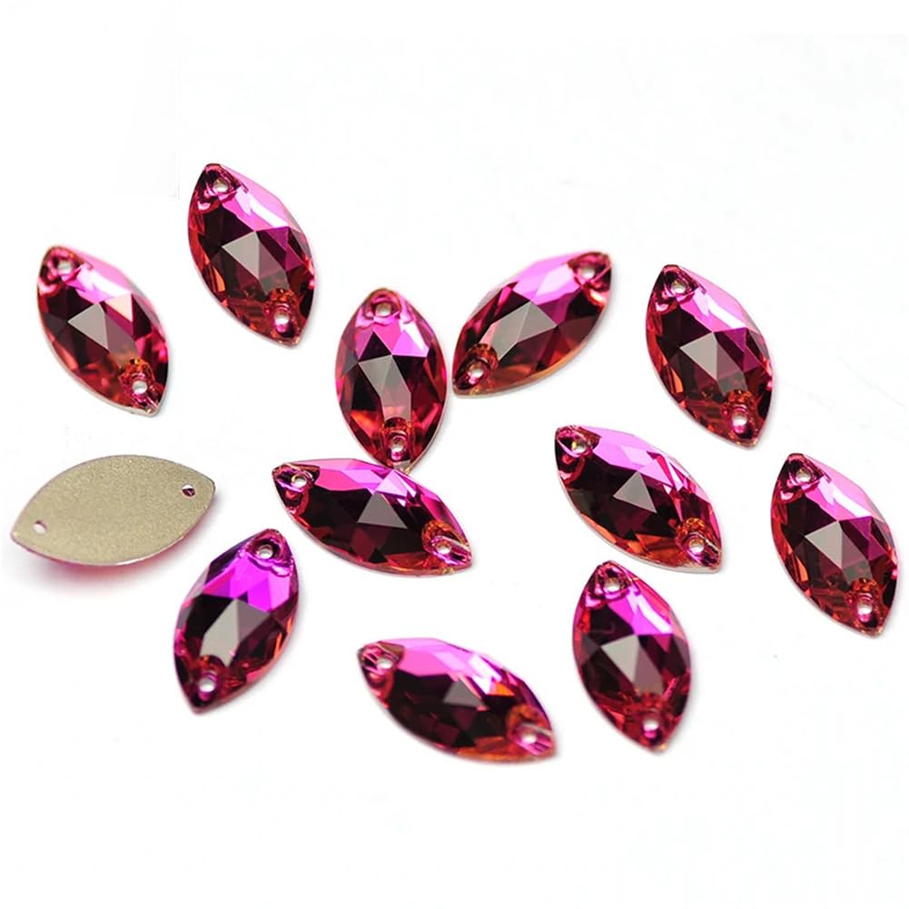 Przezroczyste szkło, kryształowy kamień, Navette Płaskie szklane koraliki z tyłu, do szycia, kryształki, kamienie i kryształki(Fuchsia,6x12mm 144Pcs)