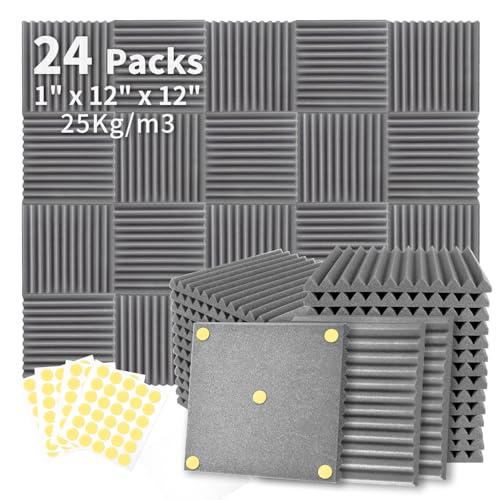 Image of Focusound 24 Pack Grey Acoustic Foam Panels 1 inch x 12 inch x 12 inch Sound Proof Foam Panles Soundproofing Noise Cancelling Wedge Panels for Home Office Recoding Studio with 240PCS Double-Side Adhesive