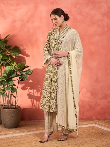 Image of Shae by SASSAFRAS Women Geometric Print Kurta With Pencil Pants & Dupatta