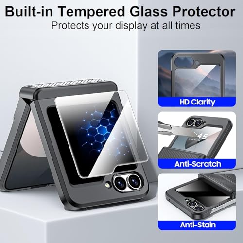 Image of Midkart Card Holder Case Compatible with Samsung Galaxy Z Flip 6 / Z Flip 7 FE with Hinge Protection Built-in Screen Protection Armor Cover Shockproof, Black