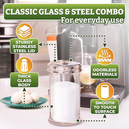 12 Oz Sugar Container for Coffee Bar – Clear Glass Sugar Dispenser with Pour Spout & Stainless Steel Flip Lid – Durable Retro Salt & Seasoning Shaker Jar for Home Kitchen, Restaurant, Cafe & Diner by ALPENKOK - Image 2