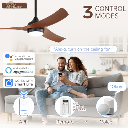 Image of Sofucor 52 Inch Smart Modern Ceiling Fan with Light, Brown 3 ABS Blades | Alexa /Google Assistant /APP /Remote Control, Reversible DC Motor, Timer, 6 Speeds 3CCT for Living Room Bedroom Patio Farmhouse