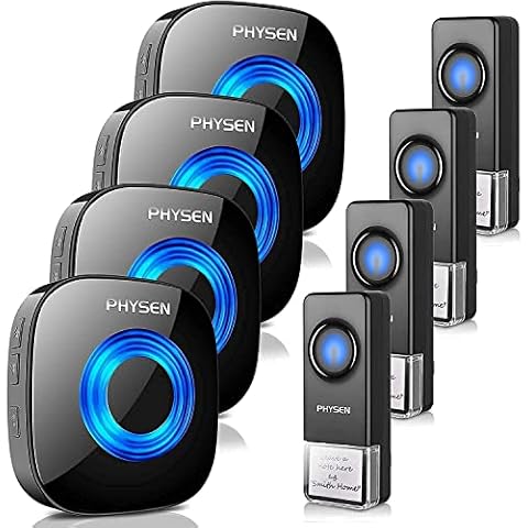 Wireless Doorbell PHYSEN Waterproof Door bell Chimes with Mute Mode,58 Doorbell Wireless, 5 Volume Levels,1300-ft Range,4 Receiver & 4 Doorbell Button for Home with LED Strobe, Black Cover