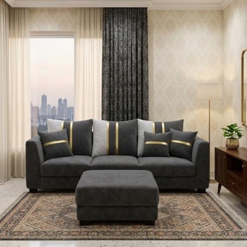 Image of Vero 4 Seater L Shape Sofa Set with Movable Ottoman | Flexible Left or Right Layout | Luxury Velvet Suede Fabric | Modern Living Room Sofa | Dark Grey