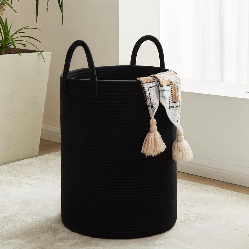 Image of Storage Cotton Rope Basket and Laundry Hamper for Dirty Clothes, Towels, Blankets, Pillows Storage in Living Room, Laundry Room and Bedroom (Black, 15x18 Inch)