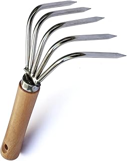 5 Tines Garden Hand Rake 8" Cultivator Claw Small Japanese Gardening Weed Tool Long Wooden Handle Heavy Duty Stainless Steel Ninja Claw for Weeding, Turning Soil, Cultivating, Combing Leaves, Digging