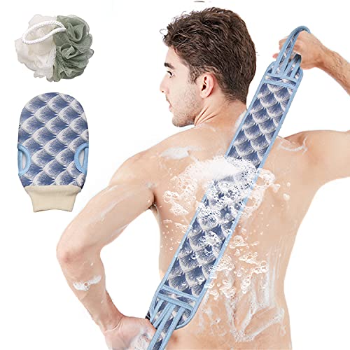 Havtyyise-3 sets of men's and women's bathing exfoliating gloves, bath sponge with handle, loofah set is suitable for deep cleansing of the skin and body dead skin remover (about 31 inches long)