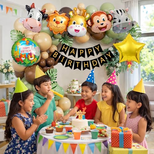 Image of Jungle Safari Birthday Decoration Kit with Balloon Arch Garland, Animal Foil Balloons and Happy Birthday Banner for Kids Birthday Party Decoration - 59 Pcs