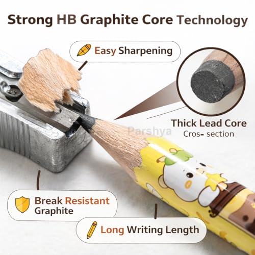Image of KiddieWorld Cute HB Pencils Pack of 24 with Storage Case & Eraser | Dark Writing Break Resistant Graphite | Kids School Stationery, Homework, Drawing, Birthday Return Gift Set