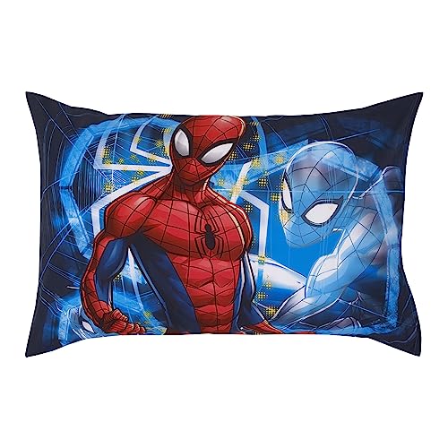 Image of NoJo Marvel Spiderman to The Rescue Red, White, and Blue 4 Piece Toddler Bed Set - Comforter, Fitted Bottom Sheet, Flat Top Sheet, and Reversible Pillowcase