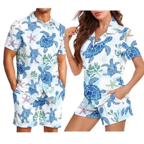 Personalized Pattern Pajama Set For Couples - Women Men Sleepwear Short Sleeve Short Pants Holiday PJs Matching Sets
