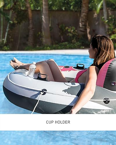 Image of INTEX 58824EP River Run 1 Inflatable Floating Lounge: Comfortable Backrest - Built-in Cup Holders - Durable Grab Handles - All Around Grab Rope - 220lb Weight Capacity - Pink