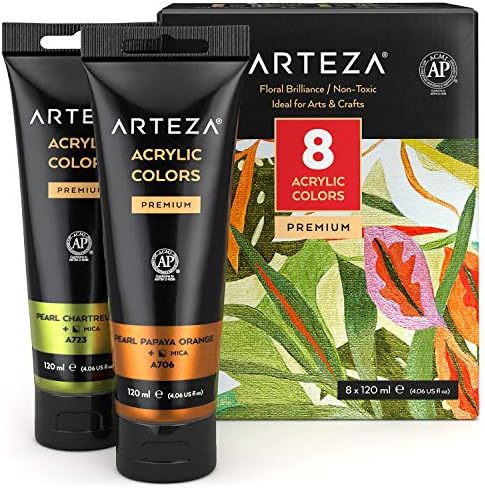 Arteza Metallic Acrylic Paint, Set of 8 Floral Brilliance Colors 4 oz Tubes, Rich Pigments, Non Fading, Non Toxic Paints for Artists & Hobby Painters