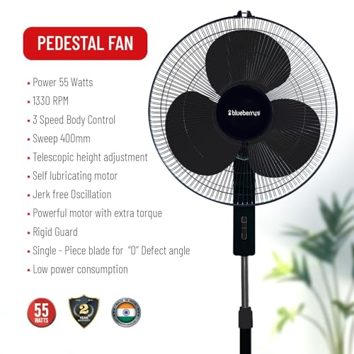 Image of Blueberry's High-Speed Oscillating Pedestal Fan, 3-Adjustable Fan Speeds, Rust Resistant Body, Adjustable Length, RPM 2200, 400-mm Sweep Length (Black)
