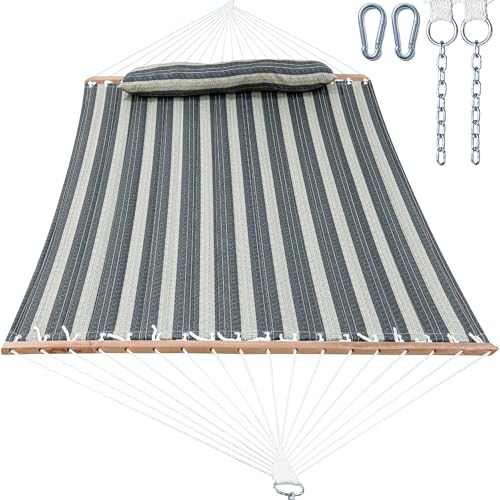 Gafete 2 Person Hammocks for Outside, Double Quilted Fabric Outdoor Hammock with Spreader Bar, Large Removable Pillow, Storage Pockets, Carabiners, Max 475 lbs Capacity (Slate Grey)