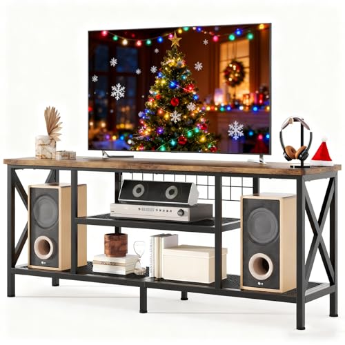 Gizoon 59.8" Industrial TV Stand for 55-65 Inch TVs, Rustic Brown, 3-Tier Media Entertainment Center with Open Shelves, Metal Frame, Sofa Table for Living Room, Bedroom, Office