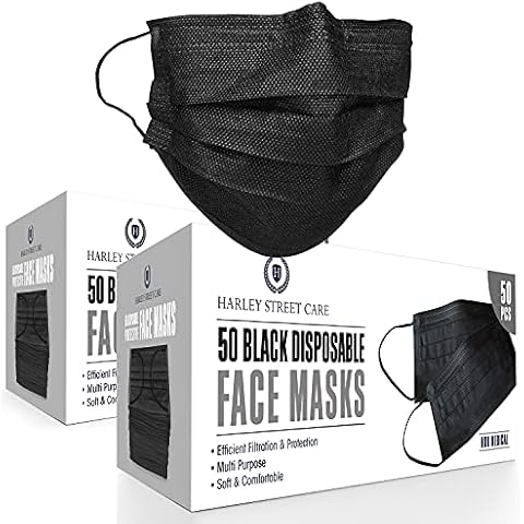 Harley Street Care Disposable Black Face Masks Protective 3 Ply Breathable Triple Layer Mouth Cover with Elastic Earloops (Pack of 100) Cover