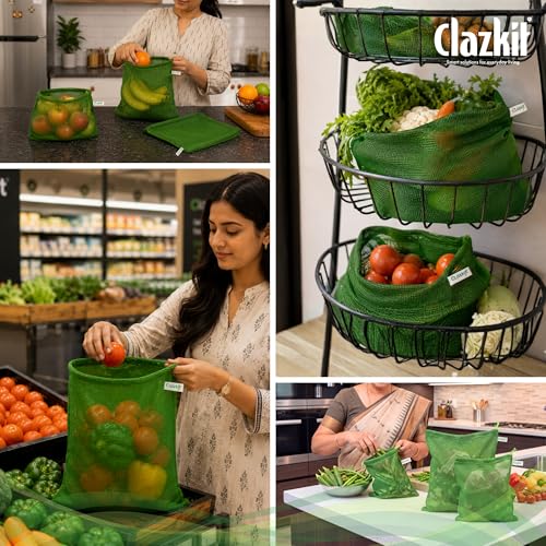 Image of Clazkit Cotton Fridge Bags Set of 6 | Reusable | Breathable Mesh Produce Bags for Refrigerator | Eco-Friendly Washable Cotton Bag Fruits, Greens, Onion, Potato & Grocery Storage