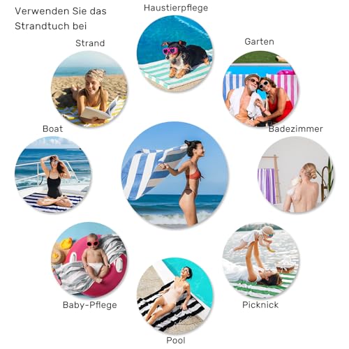 Ouxiaobai Übergroßes Strandtuch aus Baumwolle, 90 x 180 cm, großes Pool-Handtuch, gestreift, weich, Cabana-Badetuch (Blau)