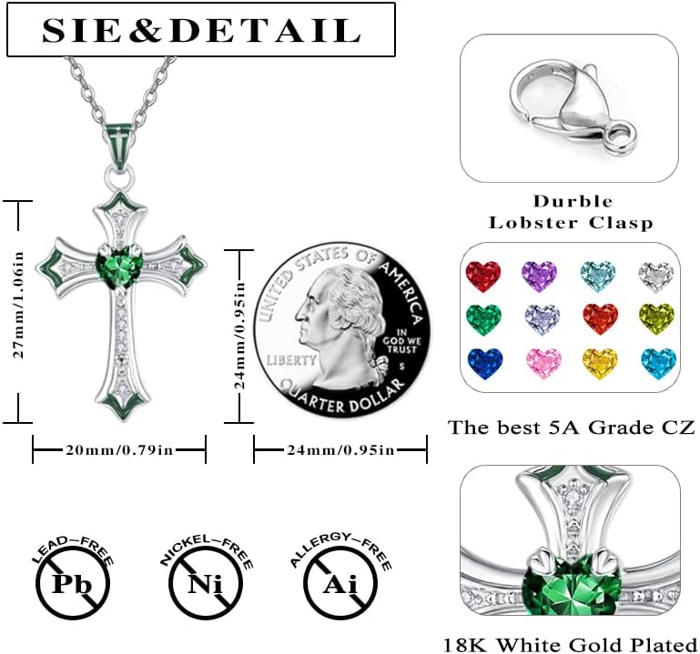 HeartMelody Cross Necklace for Women 18K White Gold Plated Heart CZ Birthstone Cross Faith Pendant Necklaces Religious Christian Jewelry Anniversary Birthday Mother's Day Gifts for Women - Image 4