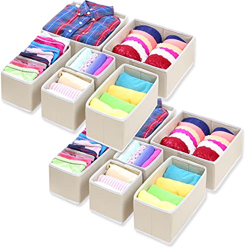 Image of Simple Houseware Foldable Cloth Storage Box Closet Dresser Drawer Divider Organizer Basket Bins for Underwear Bras, Beige (Set of 12)